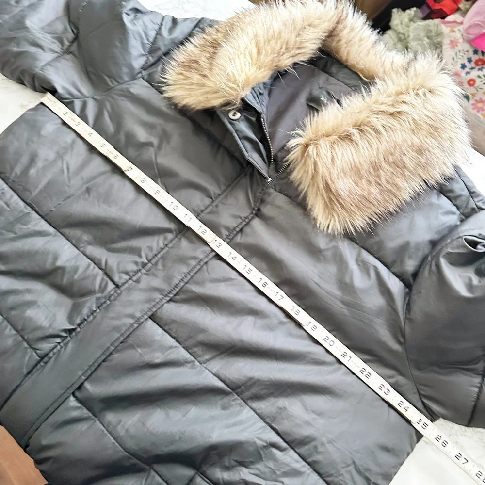 Ann Taylor Black Puffer Coat Blonde Faux Fur Collar Belted Quilted Jacket XL XXL